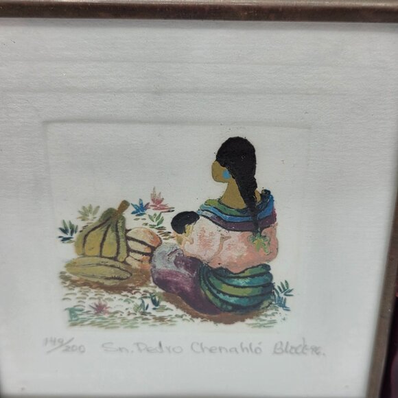 Vintage Original Indigenous Art Scene Mother Child Signed Numbered Matted Framed - Picture 2 of 9